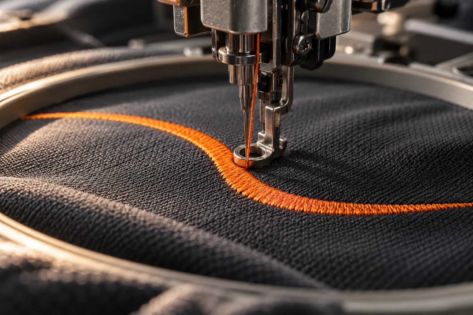 Orange embroidery and stitching detail on charcoal sports fabric