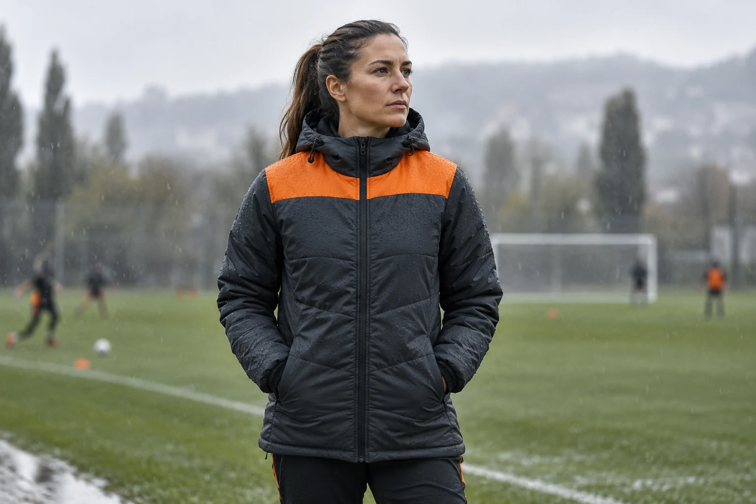 A coach in insulated outerwear on a rainy touchline