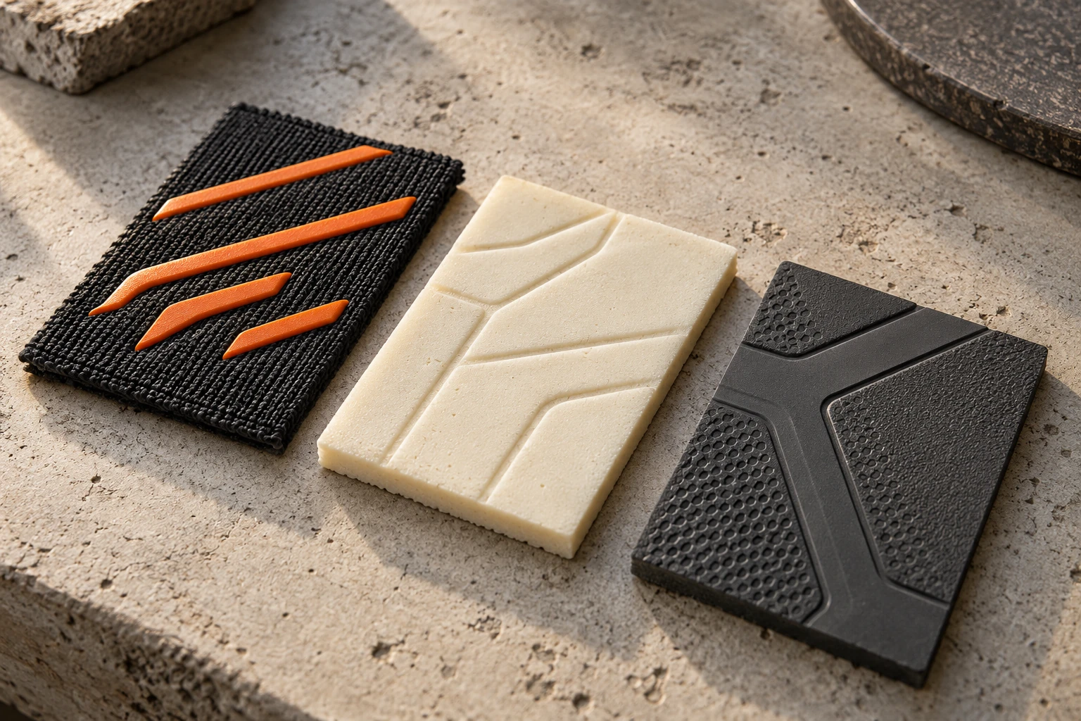 Close-up material swatches showing printed, raised and embossed surface treatments
