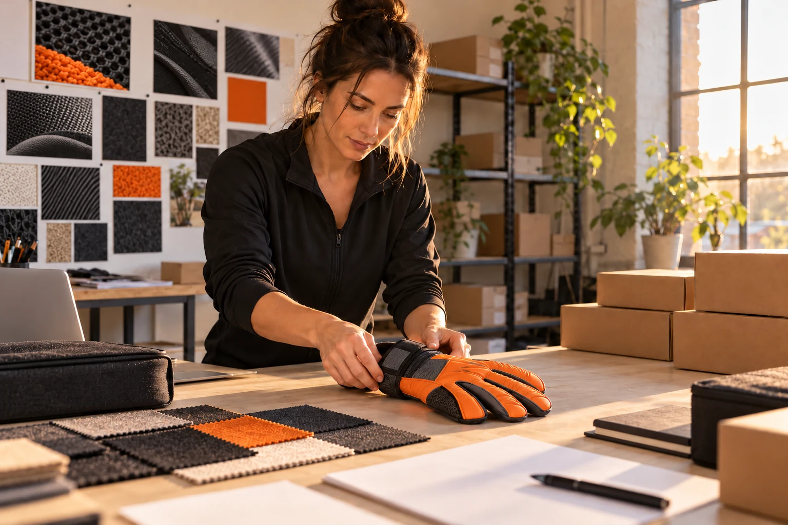 A goalkeeper-brand founder preparing samples and packaging for a small collection launch