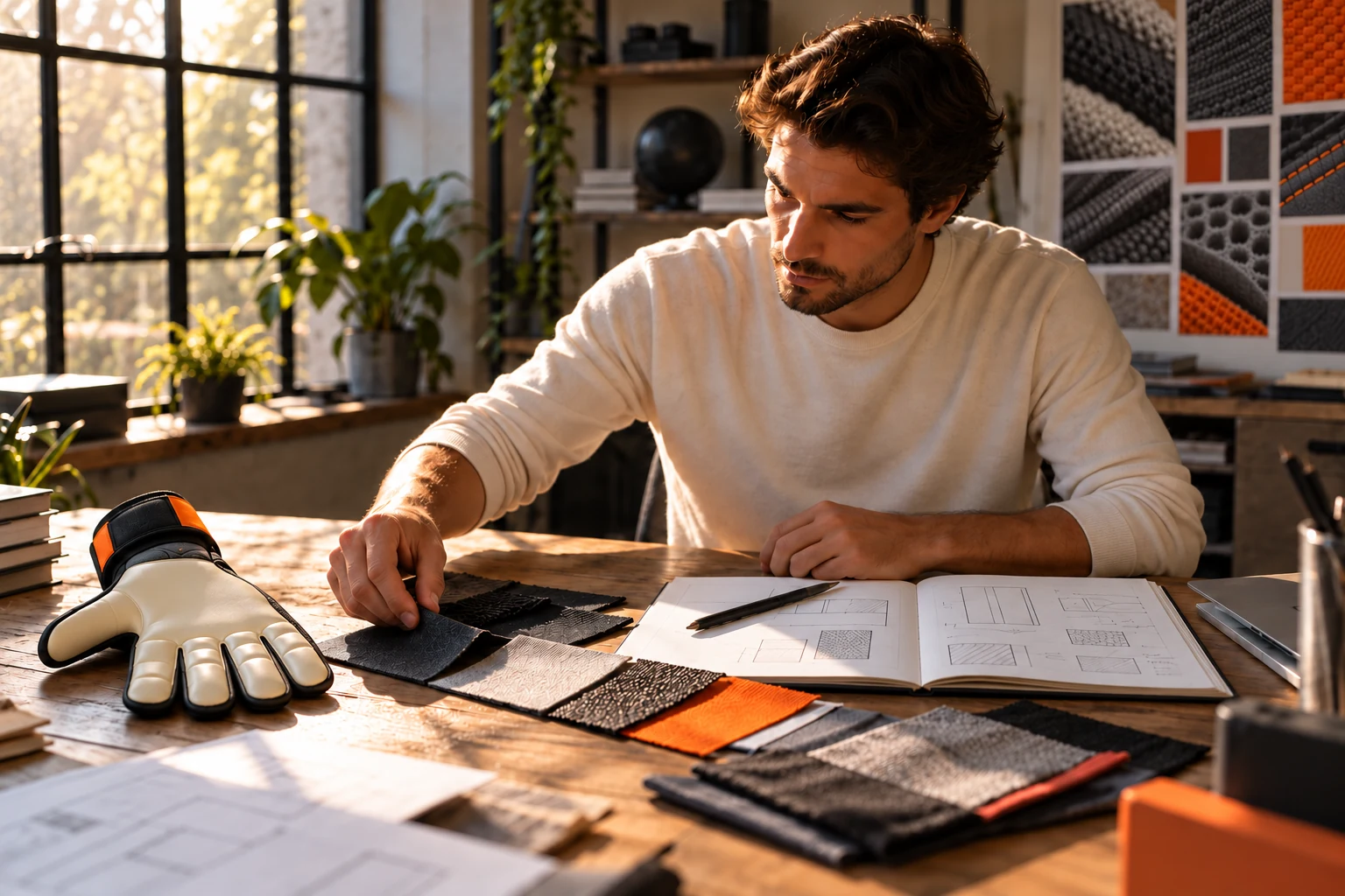 A glove-brand founder developing a first collection with samples and colour swatches