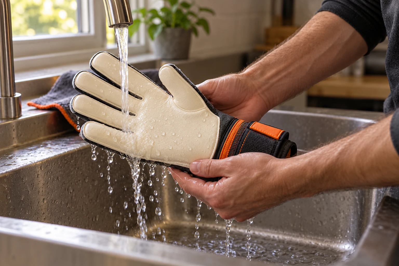 Gentle rinsing of a goalkeeper glove at a clean basin