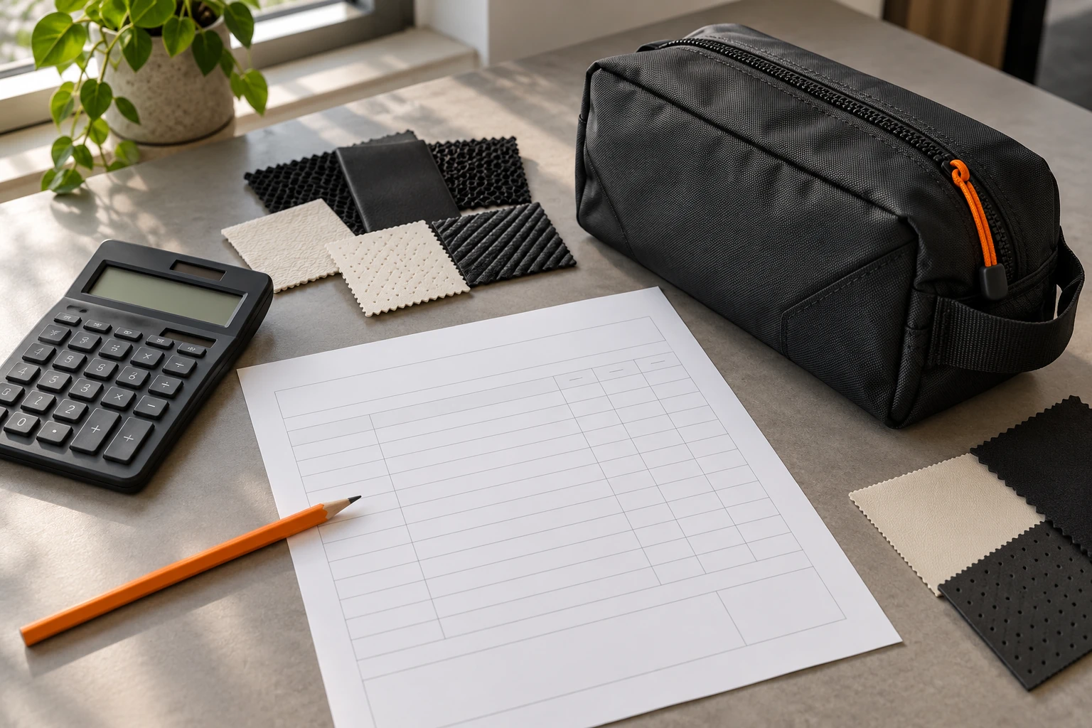 A calculator, material swatches, a planning worksheet and a closed goalkeeper glove bag on a desk