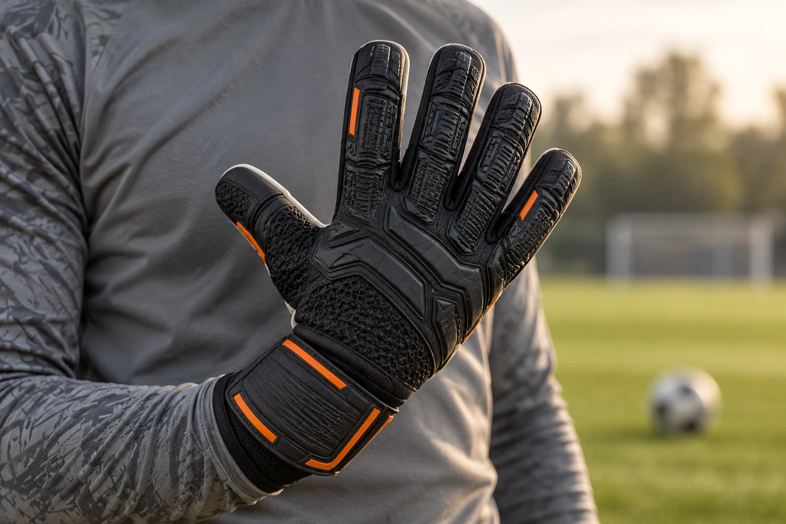Behandschuhte Hände halten einen Fußball und zeigen die Passform an den Fingern