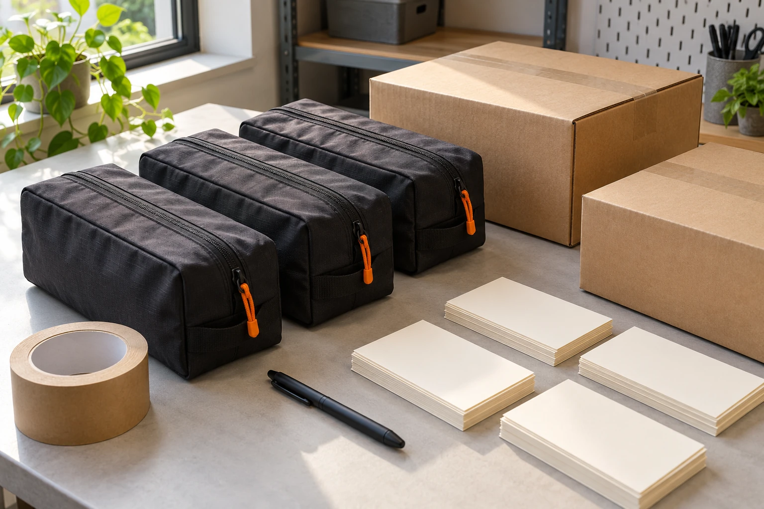 Closed goalkeeper glove bags, plain shipping cartons and order allocation cards arranged for dispatch planning