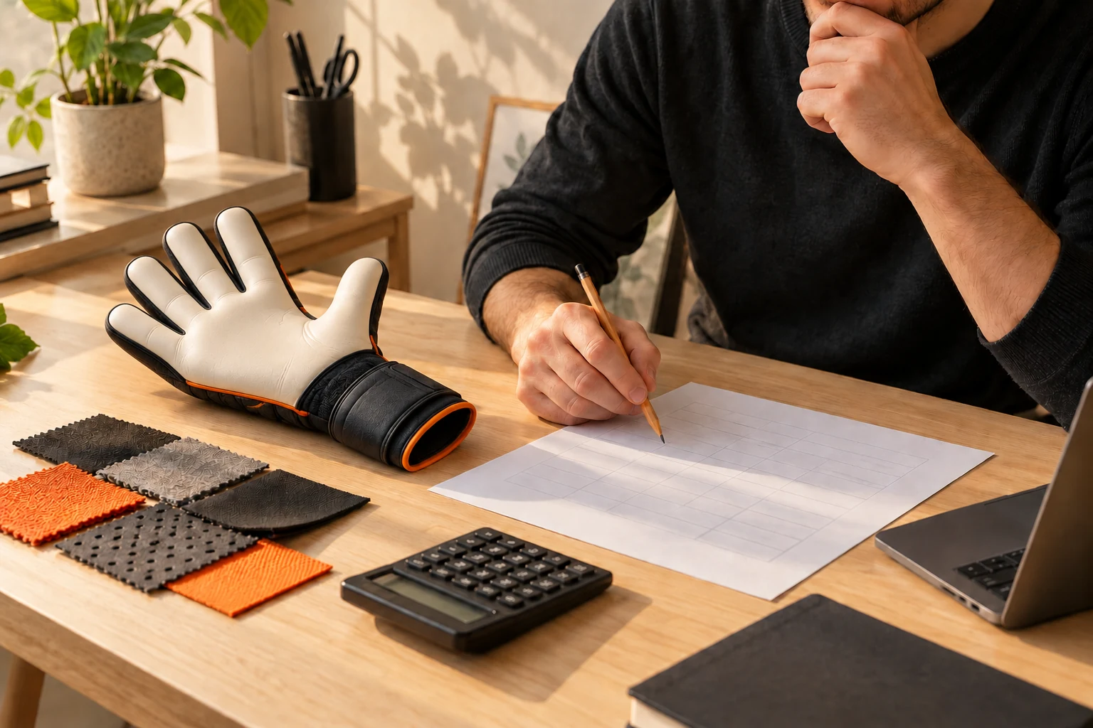 A glove sample, calculator and planning notes on a founder’s desk
