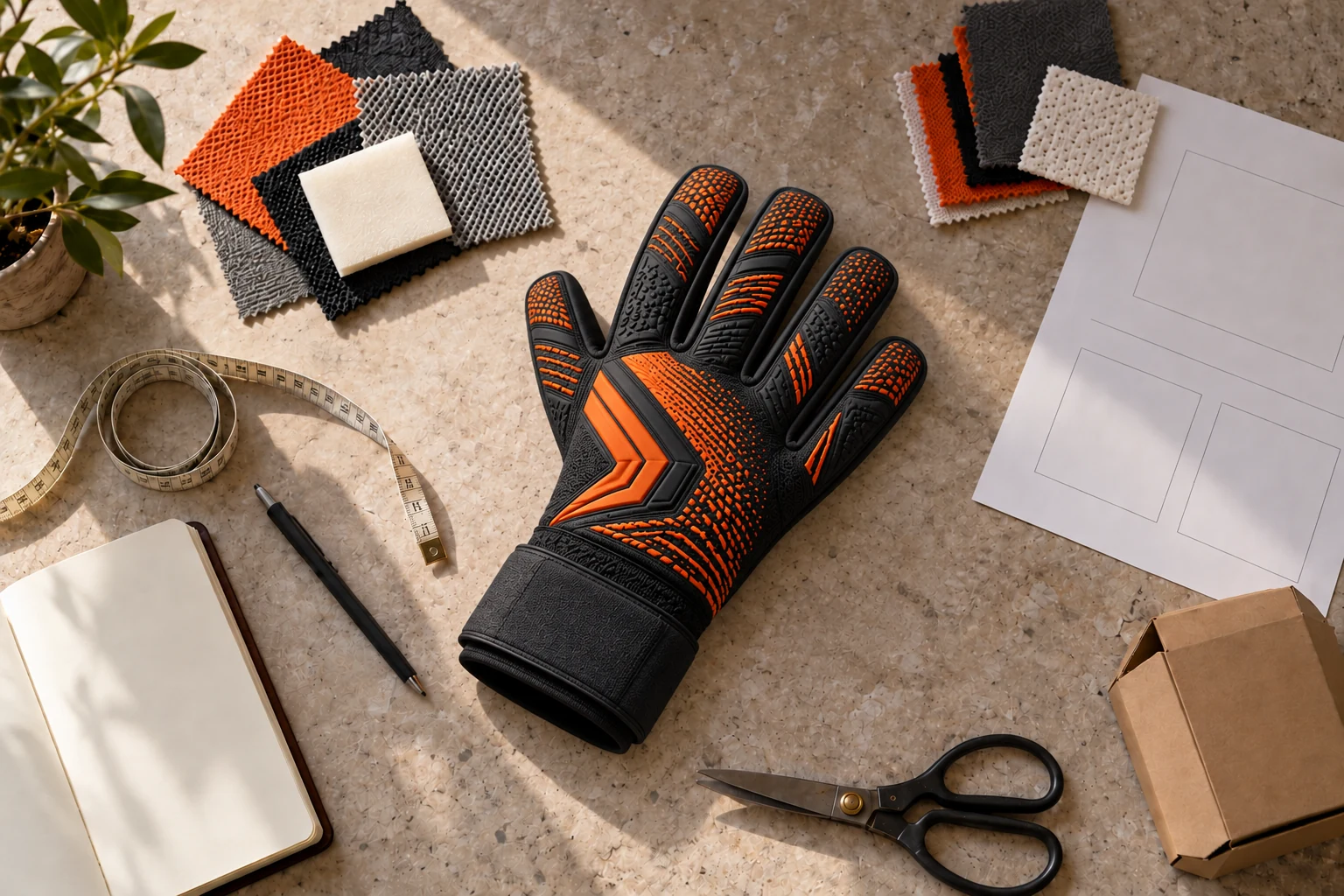 A custom glove development brief with material swatches, patterns and packaging