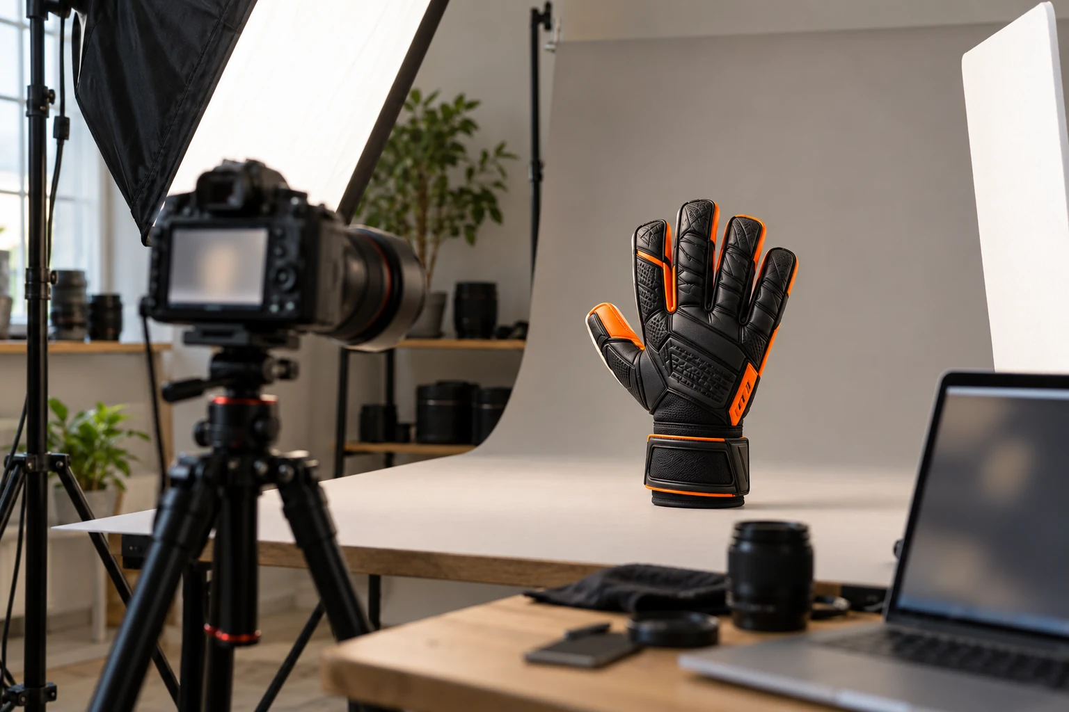 A compact photography setup prepared to photograph a goalkeeper glove