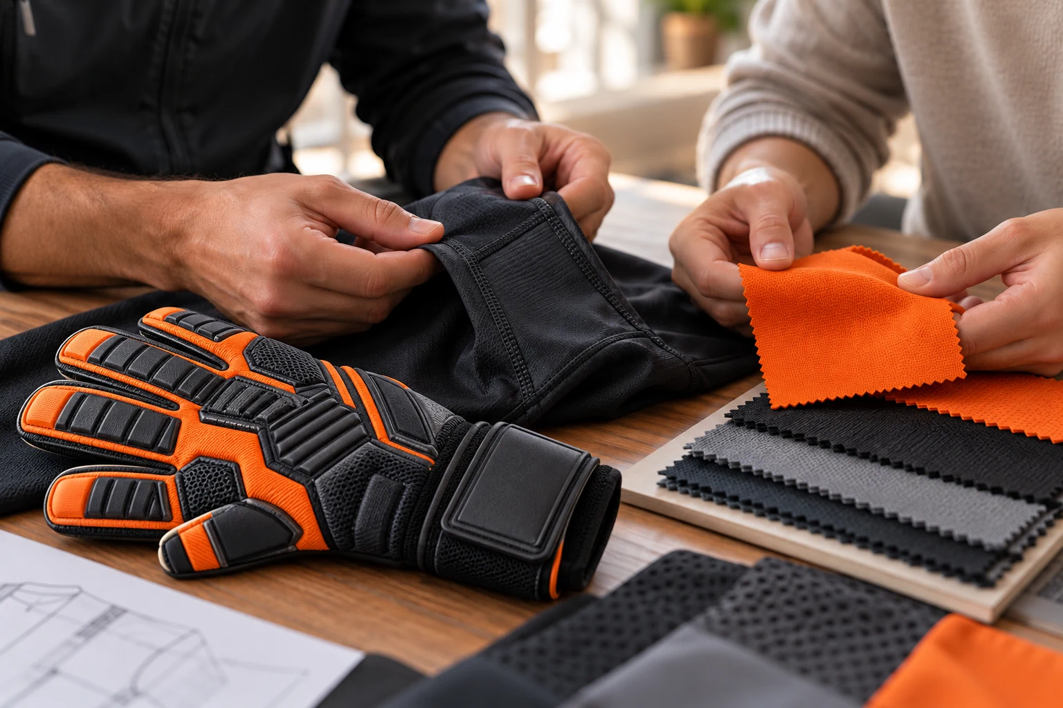 Hands reviewing sports fabric and construction details during product development