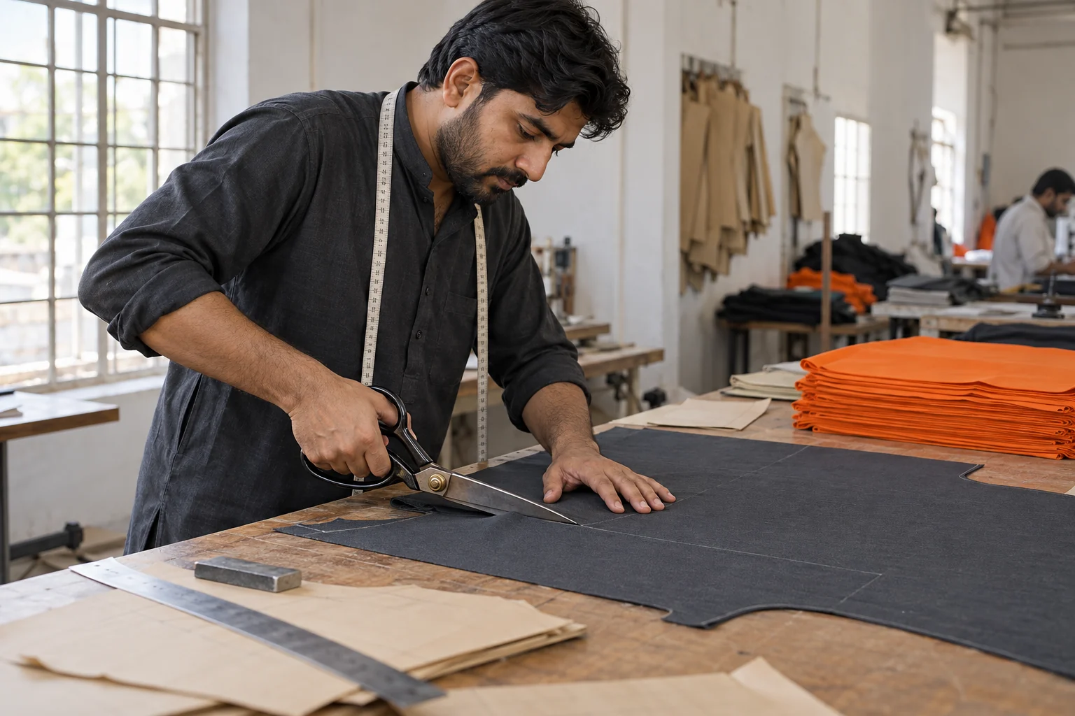 An AI-generated illustration of a tailor cutting charcoal sportswear fabric on a production table