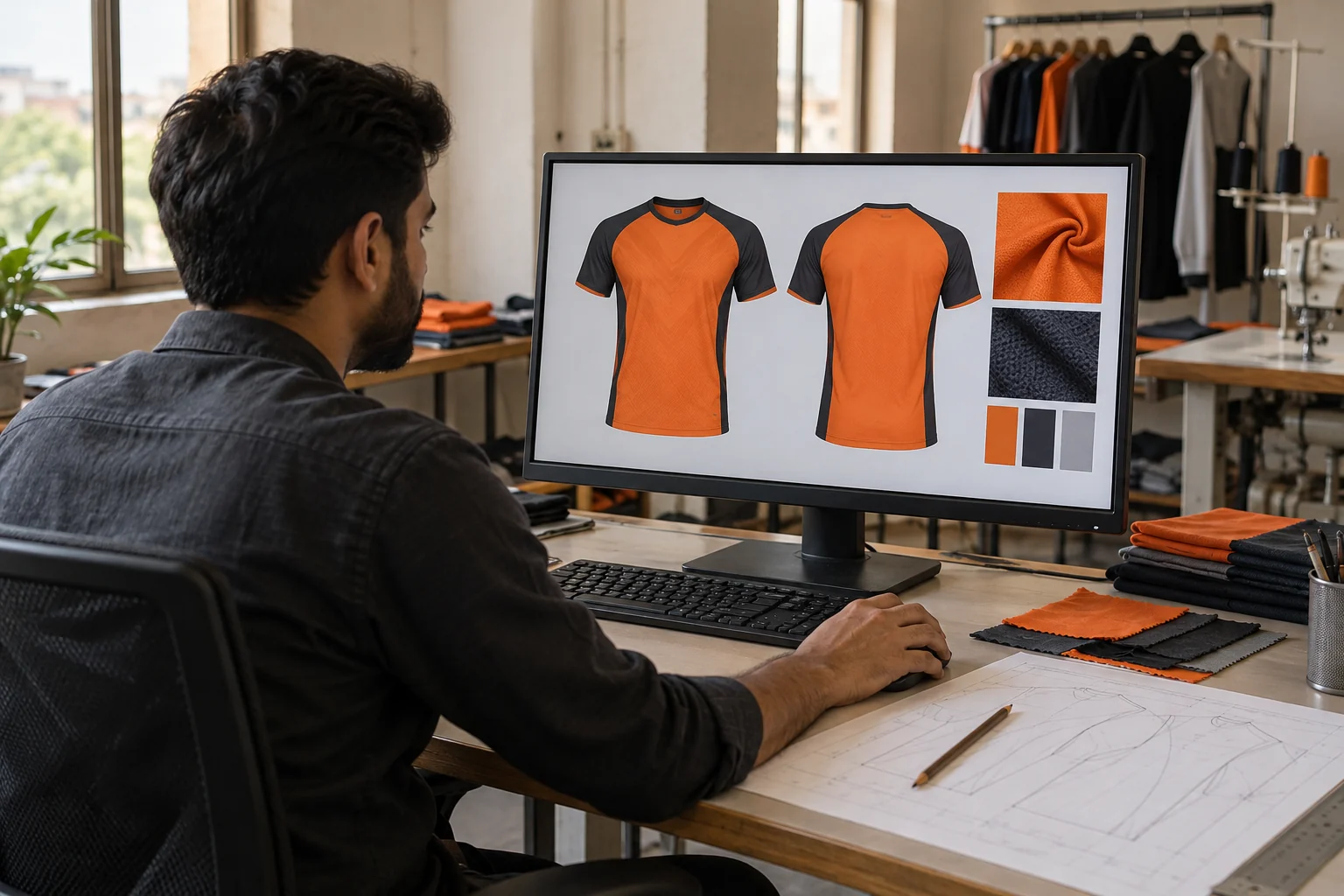 An AI-generated illustration of a sportswear designer reviewing jersey artwork and fabric swatches