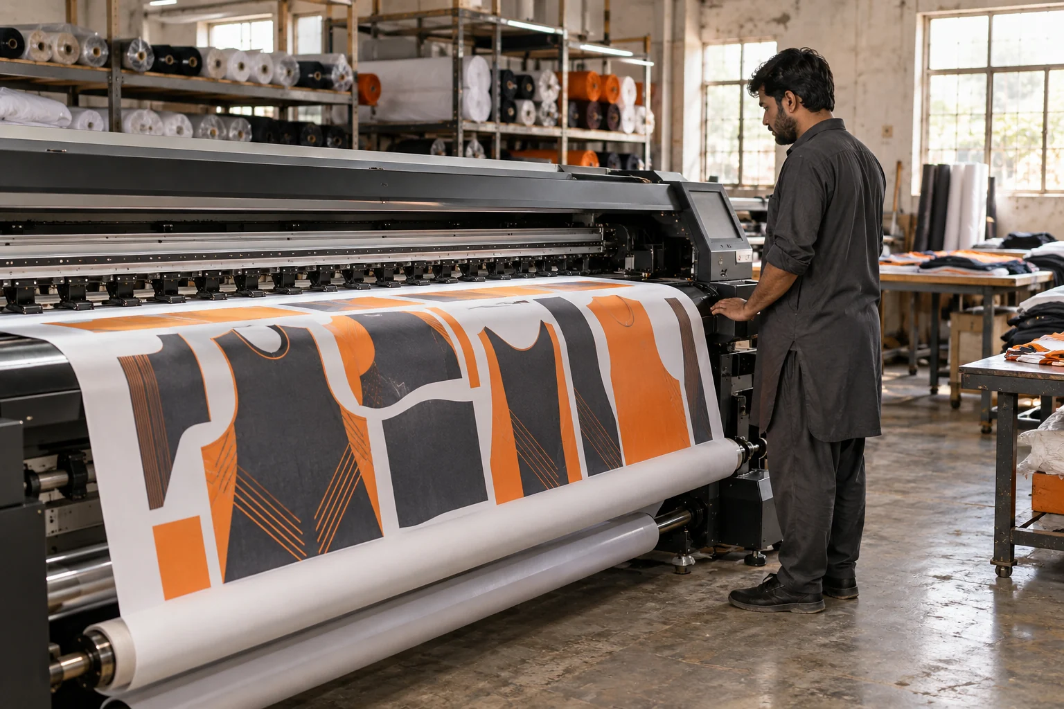 An AI-generated illustration of a sublimation printer producing orange and charcoal jersey artwork