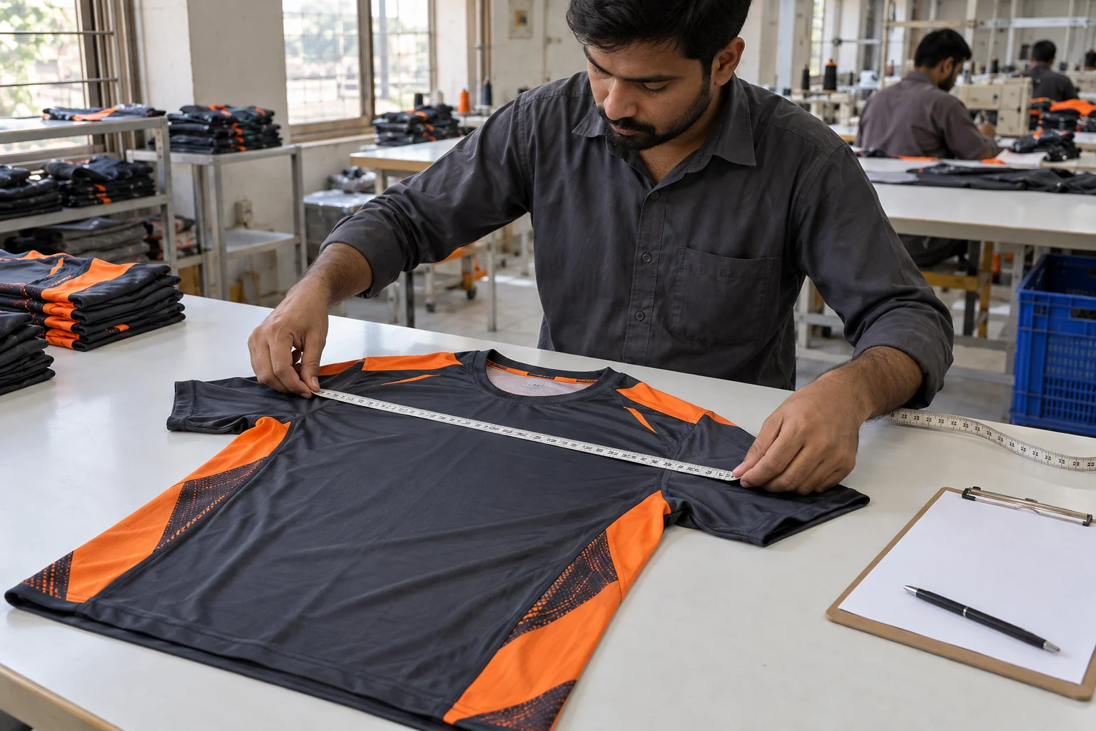 An AI-generated illustration of a worker checking jersey measurements and stitching